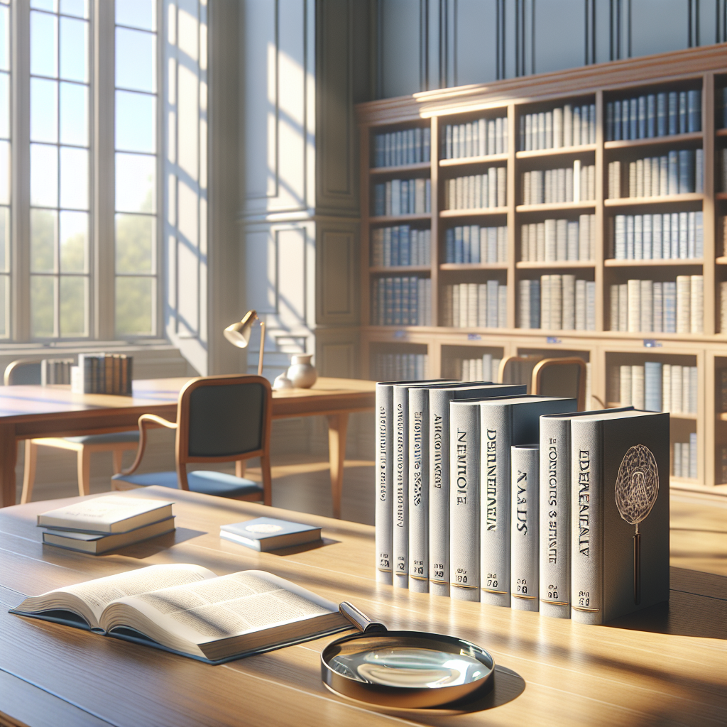 Create a photorealistic image of a serene library study environment. The room is softly lit with natural light, casting delicate shadows across a large wooden desk positioned in front of a bright window. On the desk, there should be medical textbooks focusiing on topics like Amyotrophic Lateral Sclerosis (ALS) and Dementia. A magnifying glass should be seen beside the books, highlighting the connection between ALS and Dementia, implying an exploration or uncovering of this link. The feel of the room should be reflective of intense research activity.