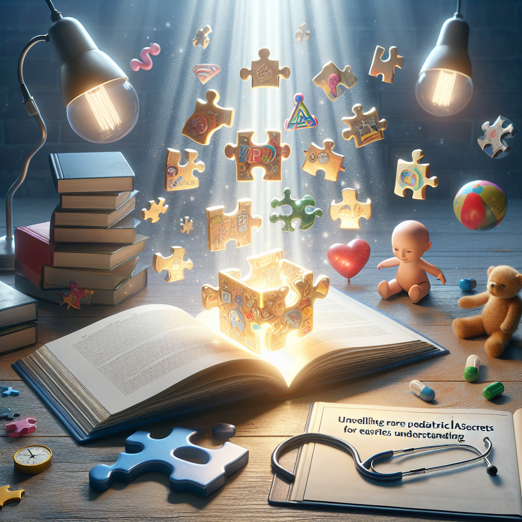 Create a photorealistic image that encapsulates the concept of 'Unveiling Rare Pediatric ALS Secrets for Effortless Understanding'. It could depict a bright, illuminating light uncovering a collection of symbolic elements such as a child's toy, a medical textbook opened to a page about ALS, and a puzzle piece signaling complexity and mystery. Let the scene be filled with natural lighting and soft shadows, and the atmosphere constructive and hopeful.