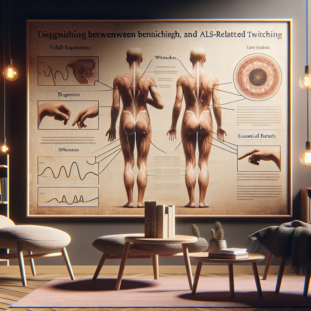 Generate a high-quality, photorealistic image depicting the concept of distinguishing between benign twitching and ALS-related twitching. The image should ideally have an informational style, incorporating visually represented differences between the two types of twitching, diagrams explaining the primary reasons for these differences, and some brief text elements explaining essential factors. The scene should be well-lit, with natural light highlighting the diagrams and text, creating a sort of visual guide. Soft shadows should be used to add depth to the image, enhancing its photorealistic properties.