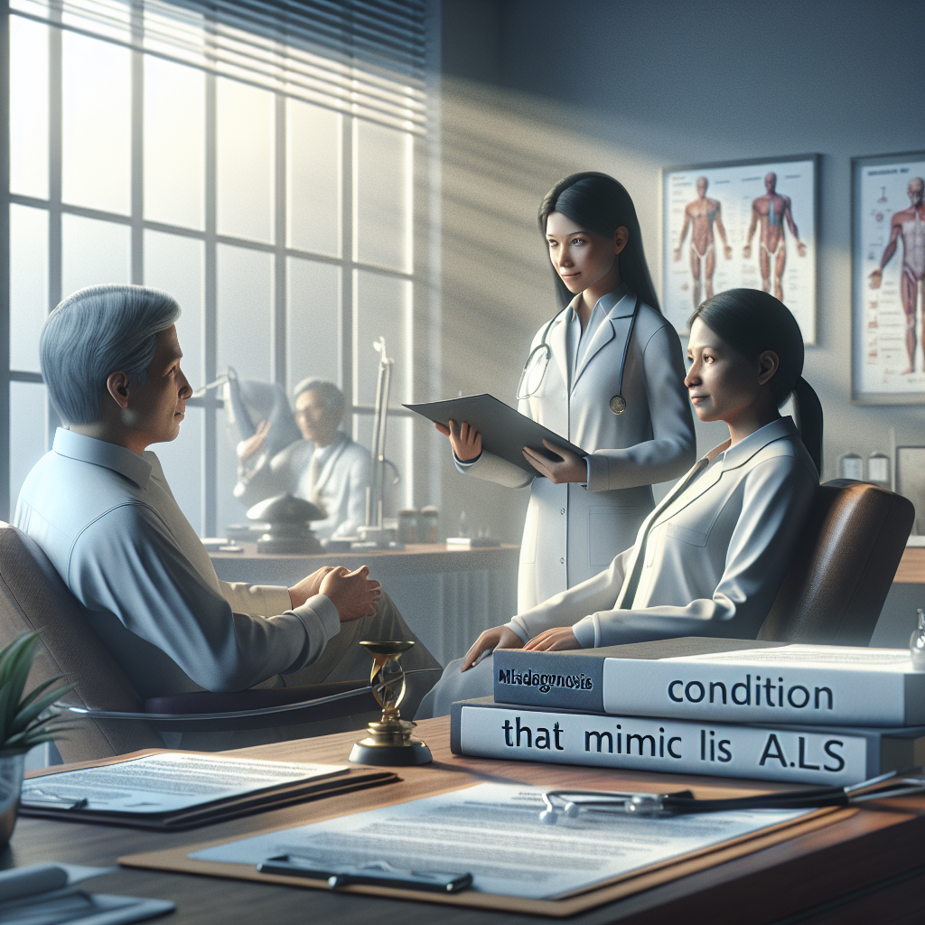 Create a high-end photorealistic image that represents the concept of medical misdiagnosis, focusing on conditions that mimic ALS (Amyotrophic lateral sclerosis). The scene should be set in a tranquil medical office, with natural lighting from a nearby window casting soft shadows across the scene. Add elements like medical reports, doctors and a patient. Include a Caucasian female doctor in a lab coat, a Middle-Eastern male doctor holding some medical reports and a South Asian female patient, all exuding an air of calm determination. The words 'Unveiling Conditions That Mimic ALS' should be subtly incorporated into the composition of the scene.
