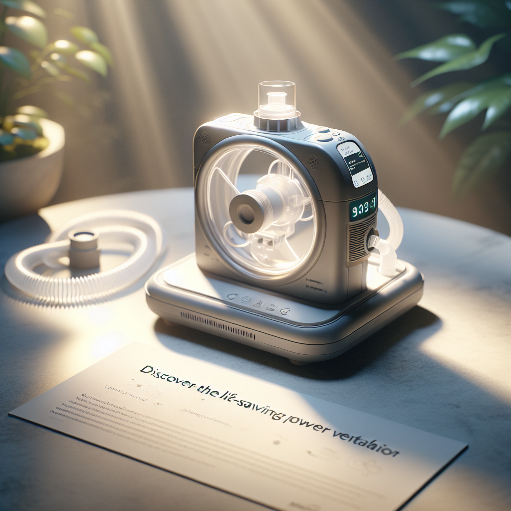 Generate a high-quality, photorealistic image showcasing a non-invasive ventilation device commonly used for ALS patients. The scene should be bathed in natural lighting with a focus on soft shadows. The device is central to the scene against a calming, non-distracting background. Next to the device, include a banner with the text 'Discover the Life-Saving Power of Non-Invasive Ventilation' using an elegantly simple font to emphasis the importance and value of the device in aiding patients with ALS.