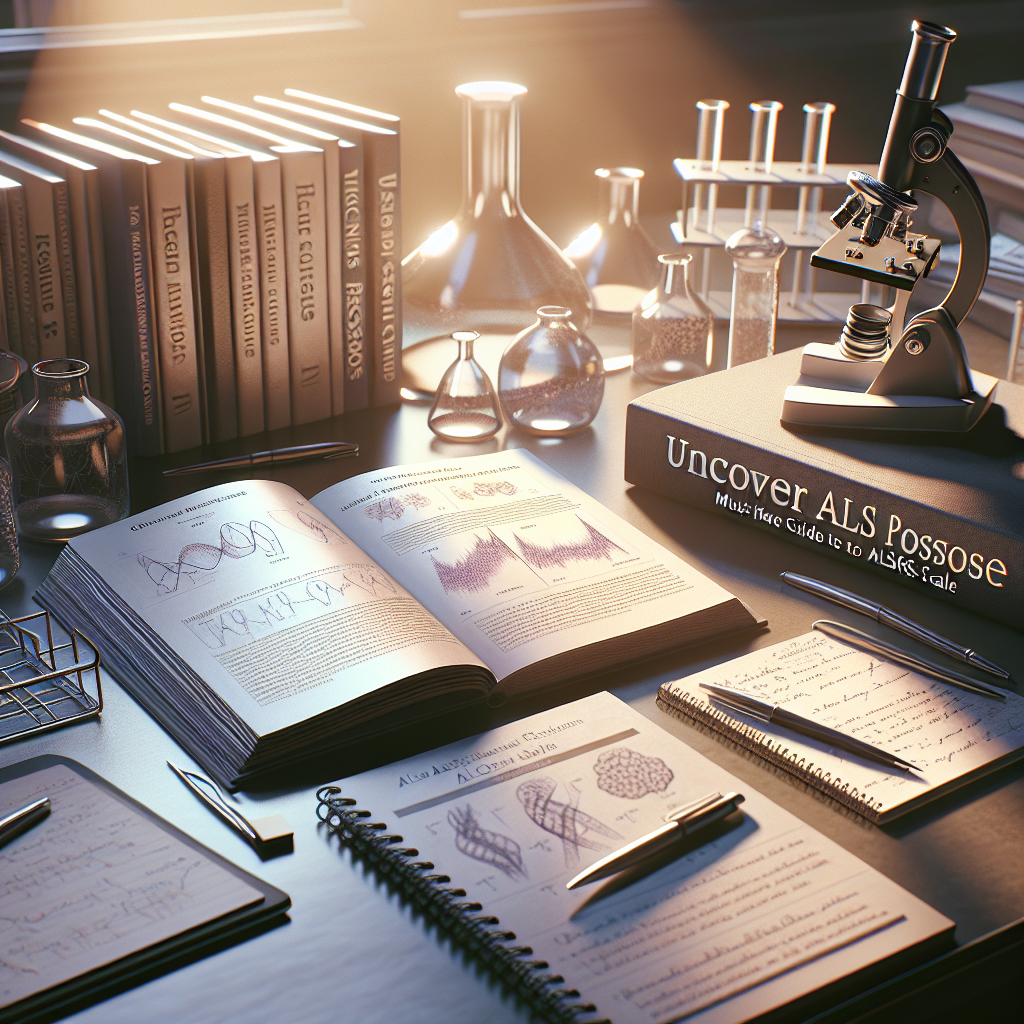 Generate a high-quality, photorealistic image using natural lighting and soft shadows. The scene should depict an open book on a study desk with diagrams and text related to the ALSFRS-R Scale. Around the desk, there should be various elements related to scientific research, such as a microscope, notepads with written notes, and glass vials. The lighting should be calm and soft, highlighting the book and the desk. Please ensure that the text 'Uncover ALS Progression: Must-have Guide to ALSFRS-R Scale' is clearly readable on the cover of the book. The overall mood of the image should reflect the solemn and serious nature of ALS progression research.
