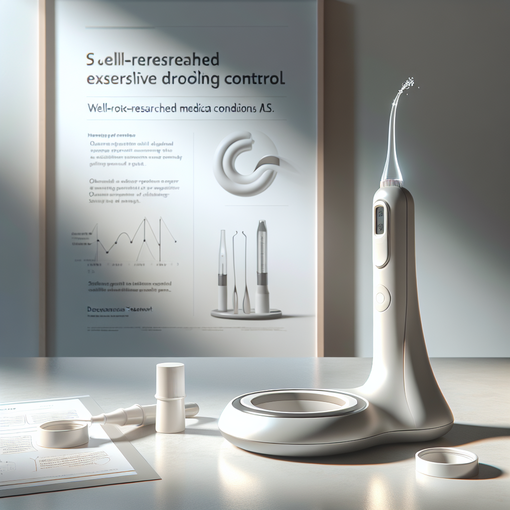 Create a photorealistic, high-quality image of a serene healthcare scene. The focal point is a modern, innovative medical device designed for effortless drooling control, a well-researched solution to excessive saliva often associated with conditions like ALS. The device is ergonomic, user-friendly, and visually appealing, displayed prominently on a clean, well-lit table with soft shadows playing over it. A background infographic tastefully shows the steps of sialorrhea treatment, in layman-friendly language.
