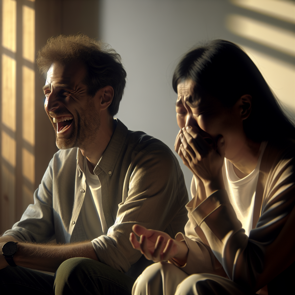 Generate a photorealistic image that presents different aspects of Pseudobulbar Affect (PBA) associated with ALS. Show two individuals sitting in a naturally lit room, the soft sunlight is casting gentle shadows around them. One person, a Caucasian man, in his 40s, is laughing uncontrollably while the other, an East Asian woman, in her 50s, is crying excessively. These emotional responses and their intensity should represent the common symptoms of PBA in ALS. The setting is a casual one, to represent the everyday challenge that ALS patients face in their normal lives.