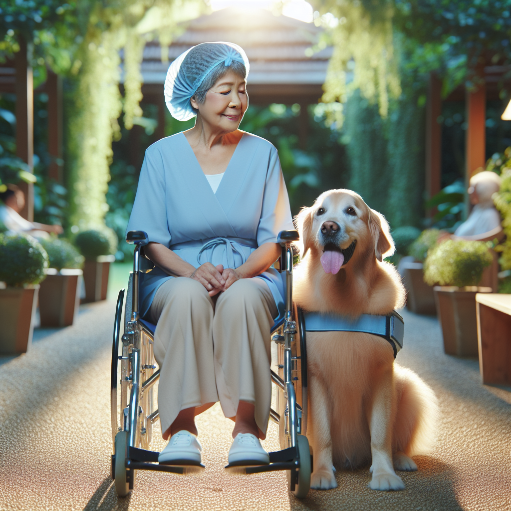 Create a high-quality, photorealistic image emphasizing natural lighting and soft shadows. The scene showcases the stunning benefits of having therapeutic service dogs. In the visual, an ALS patient, who is a middle-aged, South Asian woman, is seated in a wheelchair. Next to her is a devoted canine companion, a loving service dog which is a Golden Retriever. They are in a soothing, calming environment, possibly a garden, to highlight the tranquility and companionship service dogs bring into their owners' lives.