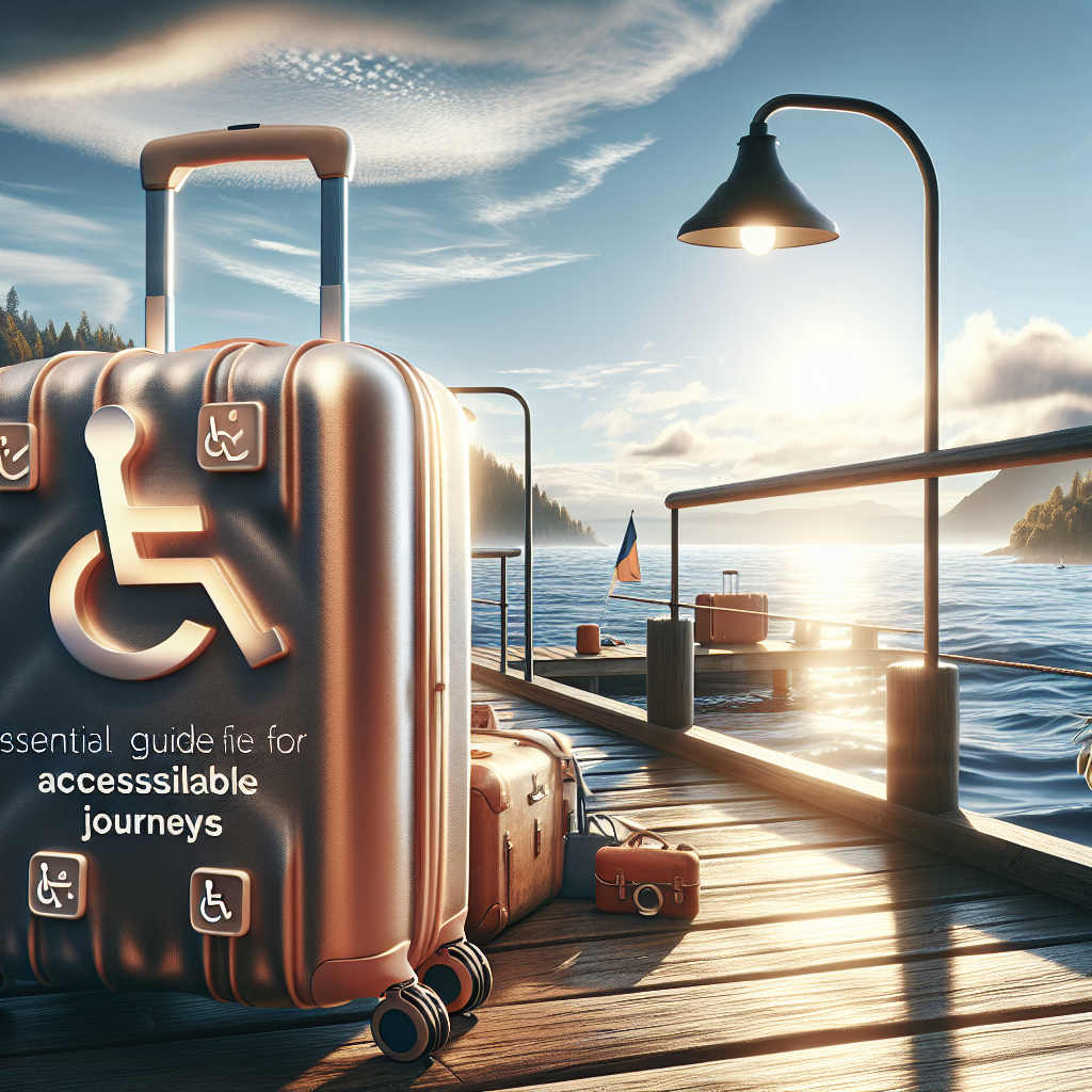 A visually pleasing and high-definition image depicting the concept of accessible and effortless journeys for people with ALS (Amyotrophic Lateral Sclerosis). The image uses natural lighting and casts soft shadows, evoking a sense of serenity and calmness. In the foreground, there can be suitcases marked with universally recognized accessibility symbols, perhaps on a wooden pier, alluding to sea travel. In the background, the scenic view of the ocean under the radiant sunshine speaks to the idea of leisurely travel despite challenges. Overlay text reads: 'ALS Travel Tips: Essential Guide for Effortless, Accessible Journeys'.