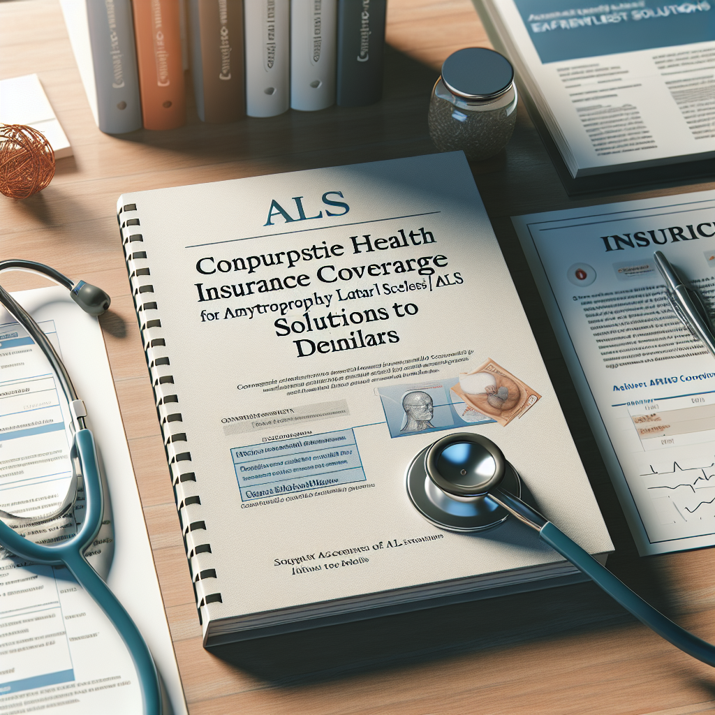 Generate an image visualizing a guide about comprehensive health insurance coverage for Amyotrophic Lateral Sclerosis (ALS), focusing on solutions to denials. The image should be high-quality and photorealistic, lit with natural lighting and casting soft shadows. The scene could feature insurance documents, a medical stethoscope, and perhaps a book titled 'Effortless Solutions', all arranged in an organized manner on a desk.