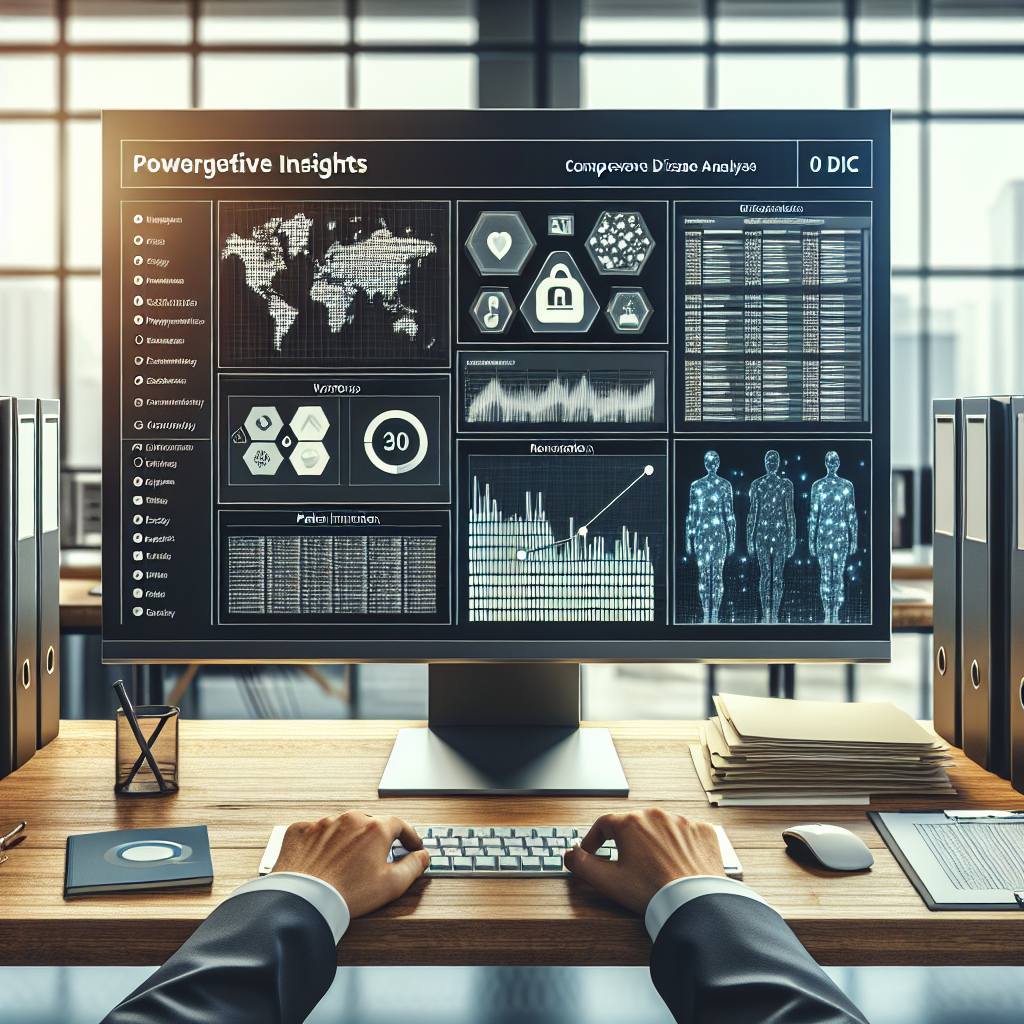 Create a photorealistic image showcasing a powerful insights analysis setup with a visualisation screen displaying important data, rows of neatly arranged files with patient information, a pair of hands working on modern computer equipment, in an office space with natural lighting and soft shadows. The concept should resonate with a Comprehensive Disease Control (CDC) Registry for patients with ALS (Amyotrophic lateral sclerosis). Please ensure the anonymity of any patient information shown in the image.