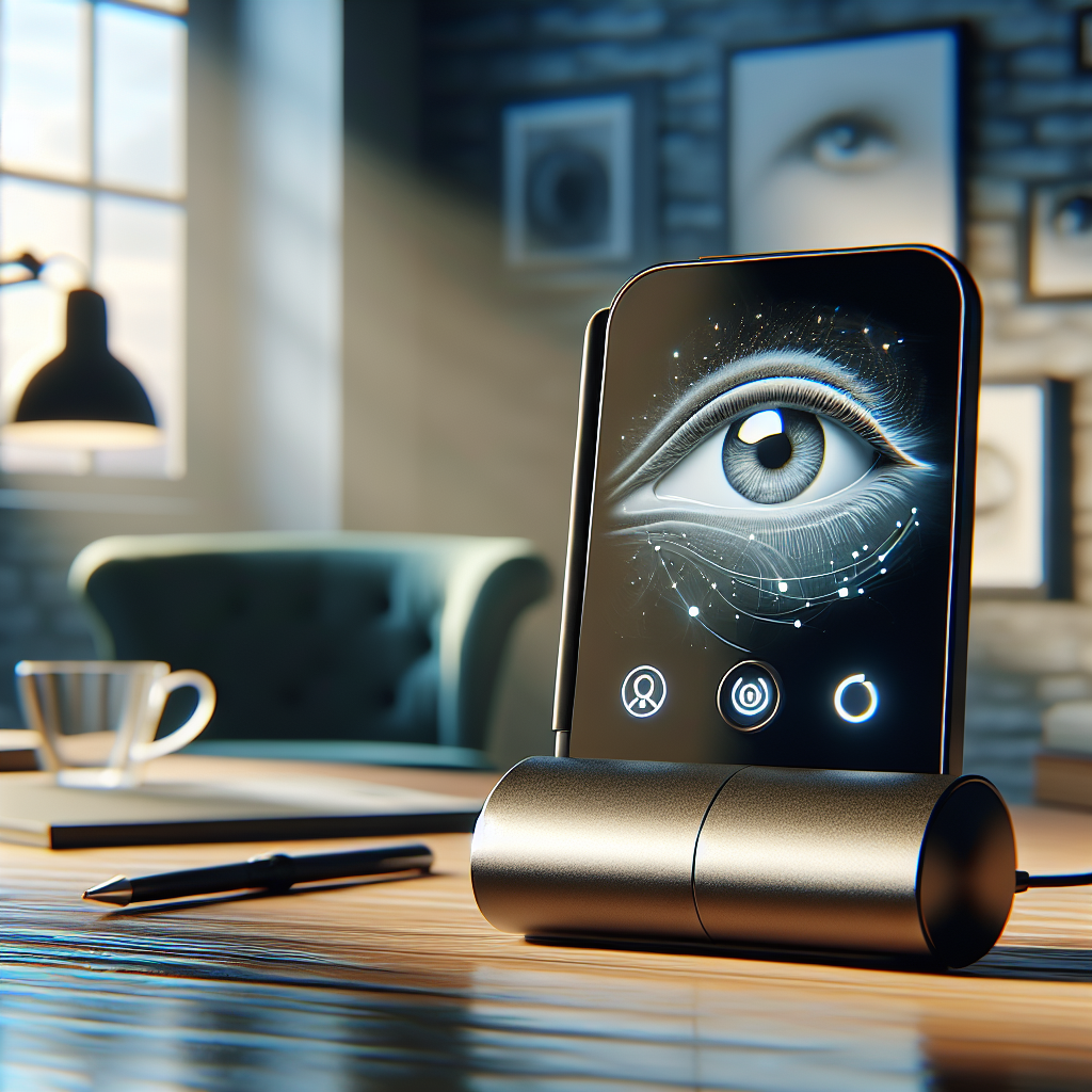 Imagine a scenery displaying an innovation in eye gaze technology designed as an affordable communication solution for individuals diagnosed with ALS. The gadget is sleek and modern, situated in a comfortable home office with natural lighting casting soft shadows around the room. The eye gaze device is resting on a polished wooden desk, while a screen nearby shows how it effectively translates eye movements into real-time communication, making life easier for the user. The overall atmosphere of the image is hopeful and empowering, embodying the perfect merger of technology and compassion.