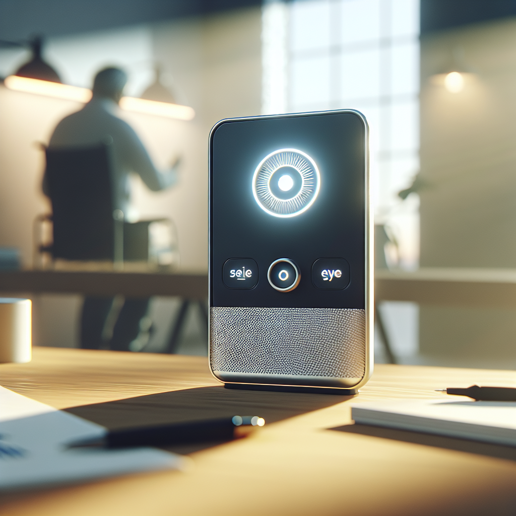 Create an illustration that portrays an affordable and life-changing communication device using Eye Gaze technology, which is specifically designed to aid people with ALS. The device should be displayed in an environment with natural lighting that creates soft shadows, highlighting the device's practicality and innovation. In the background, a softly blurred workspace could hint at the mobility and flexibility the technology allows. The image should overall evoke a sense of hope and connectivity for disabled individuals.