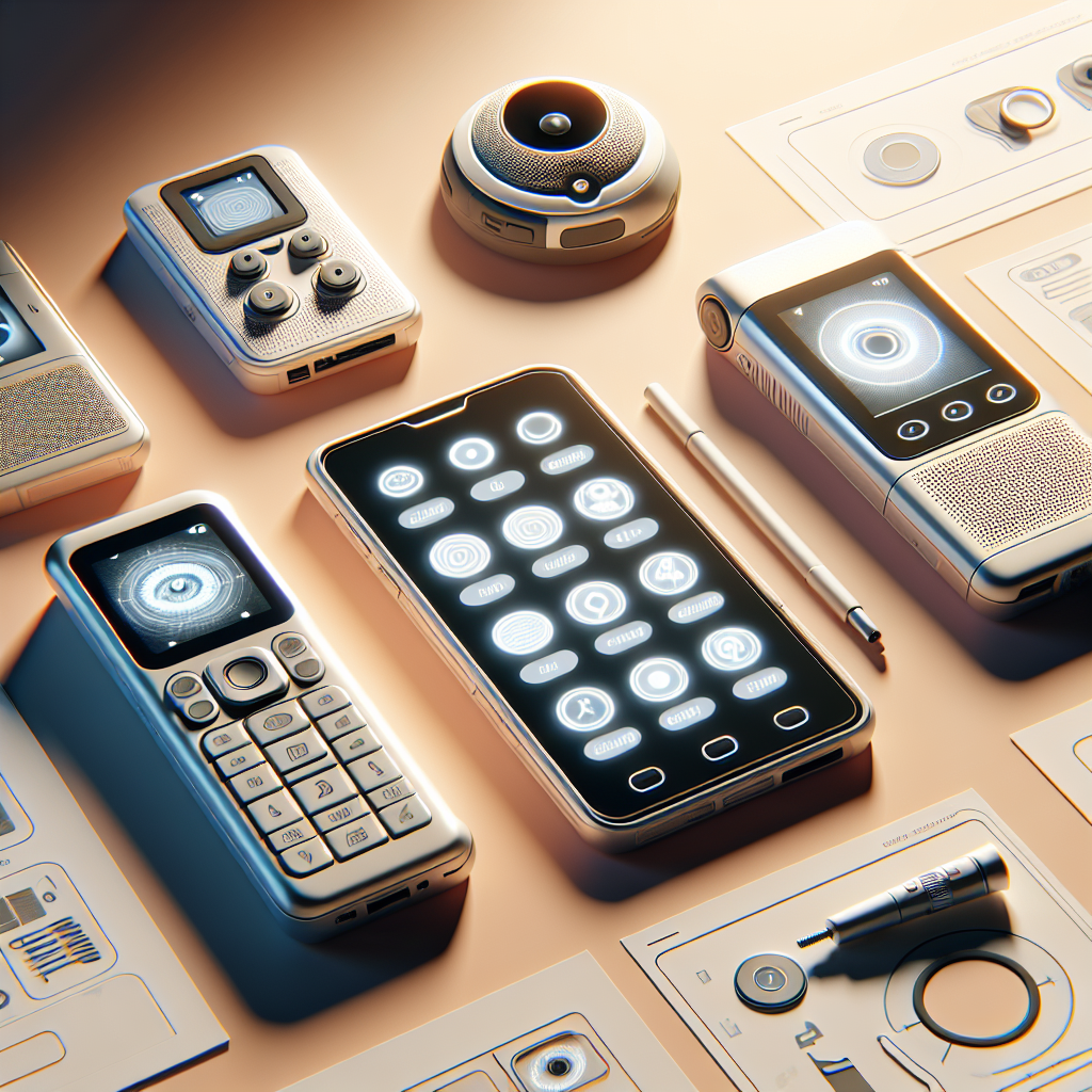 Create a photorealistic image featuring a selection of advanced communication devices specifically designed for people living with ALS (Amyotrophic Lateral Sclerosis). These devices employ eye-gaze technology and are well-lit with natural lighting, casting soft shadows. The layout should resemble an advertisement, promoting these devices as the 'best and most affordable' in today's market.