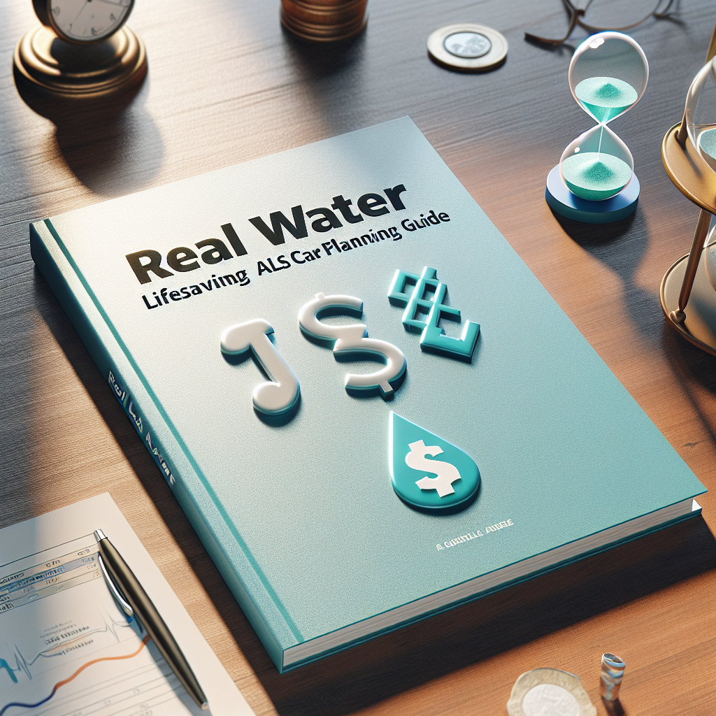 Create a photorealistic image with natural lighting and soft shadows representing the importance of financial planning for ALS care. Include a guide book titled 'Real Water: Lifesaving ALS Care Financial Planning Guide', placed on a wooden desk. Let the cover of the book be visible, featuring soothing colors like light blue or green, depicting symbols of health and finance like a medical symbol and currency symbol. Include symbolic elements such as a water droplet and an hourglass, signifying time and life.