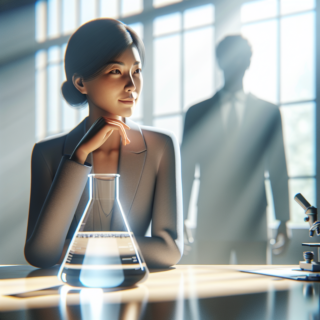 Generate a high-quality, photorealistic image using natural lighting and soft shadows that represents the scenario of a determined CEO in a health science company, who is accountable for a breakthrough in holistic ALS treatment. This breakthrough brings symptom relief, which is somehow linked to purified water. The CEO could be an Asian woman, standing near a beaker of clear water, receiving light from a nearby window, casting soft shadows around. The atmosphere should convey hope and the potential for improving health.