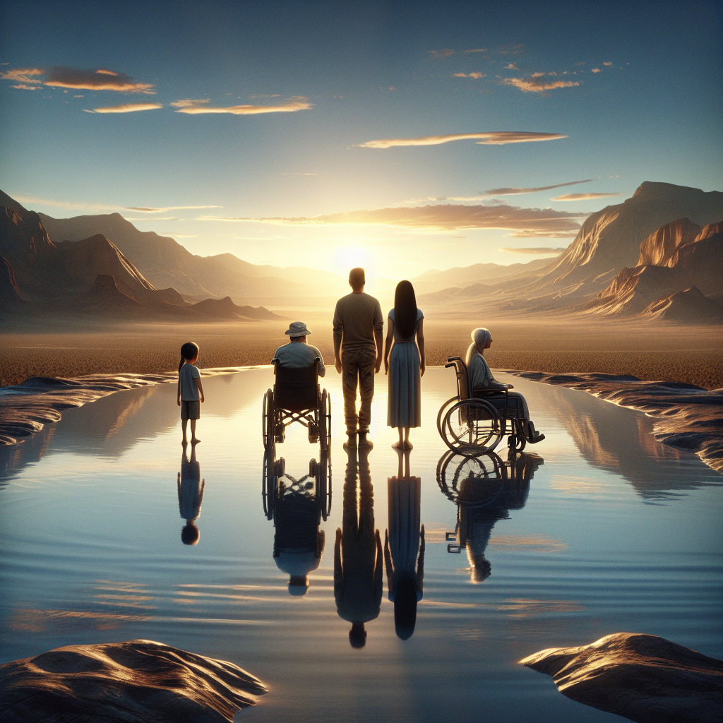 A compelling photo-realistic depiction centered on a theme of resilience. The scene features an oasis in the arid landscape of Nevada, symbolizing hope. The setting sun imparts natural lighting with soft shadows stretching across the landscape. In the foreground, there is a family of varying descents: a Hispanic man, a Caucasian woman, and their Middle-Eastern adopted child. With visible but non-specific signs indicating a health struggle within the family – perhaps some mobility aids – the focus is on their unified strength and love. Their reflection in the water surface underscores the ripple effect of the situation.