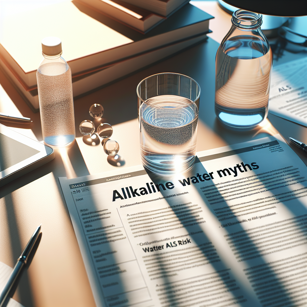 Create a vivid, photorealistic image under soft, natural light with shadows that are gentle and faint. The image should communicate the concept of dispelling myths associated with Alkaline Water. Also, it must include a depiction of the potential risks of ALS from water. This could be represented by a well-lit desk or table covered with research papers on 'Alkaline Water Myths' and 'Water ALS Risk' with a glass of clear water present. Emphasis should be placed on creating an atmosphere of analysis and revelation.
