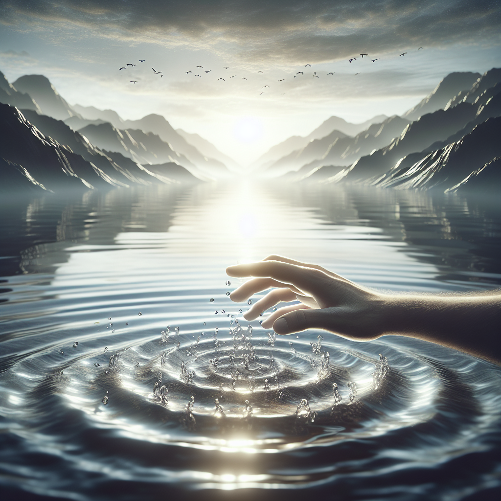 Generate a high-quality, photorealistic image that depicts ALS awareness. The image should feature a poignant scenario under natural daylight with soft shadows. Central to the scene should be the symbolic representation of your involvement, perhaps with hands gently dipping into or gently causing ripples in a serene, expansive body of water. Each ripple spreading outwards symbolises the growing impact of collective efforts towards combating ALS. The water should appear real, shimmering under sunlight. The overall atmosphere should feel calm, inspiring and filled with hope.