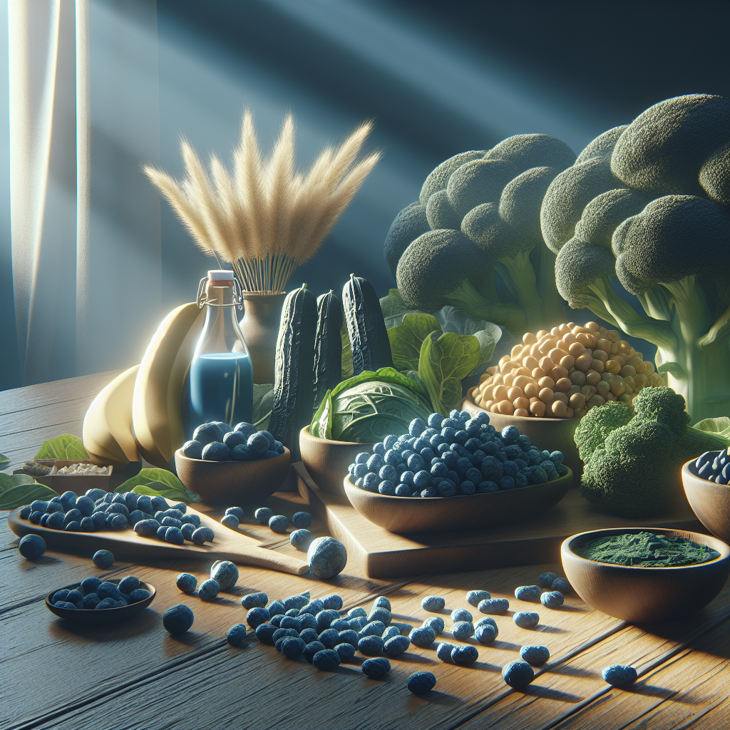 Create a high-quality, photorealistic image that encapsulates the concept of 'Cyanobacteria Mastery: Best Affordable Dietary Tips to Minimize ALS Risk'. This scene should include visuals related to dietary food, beneficial to health, with the presence of cyanobacteria, depicted in a manner that suggests its role in minimizing the risk of ALS. The setting should be under natural lighting, casting soft shadows, highlighting the nutritious content of the food.