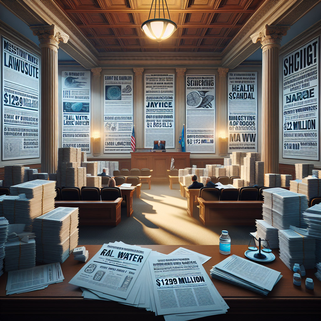 Design an image displaying a meticulously detailed and realistic portrayal of a court room with natural lighting and soft shadows to exemplify a sense of justice. The room is hushed, filled with tension and anticipation. On one side, a lawyer has stacks of documents with words like 'Real Water Lawsuits' and '$129 Million' visible. The mood showcases the gravity of a massive health scandal. Surrounding the lawyer are comprehensive exhibits depicting shocking, fact-based insights into the monetary value and medical implications of the case. NOTE: The name and logo of the implicated brand or company should NOT be visible on any of the exhibits or documents.