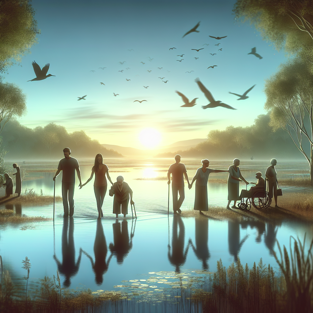 Envision a tranquil and serene scene that reveals stunning bodies of water and wetlands under the natural light of a setting sun. Alongside, depict a few individuals, a Caucasian female and a Middle-Eastern male, engaged in effortless caregiving tasks. They are helping elderly people of various descents and genders to explore the wetlands. The soft shadows cast by trees add depth to the image, highlighting the breathtaking biodiversity of the ecosystem. Birds of different species can be seen in the background, their silhouettes beautifully contrasting with the azure sky.