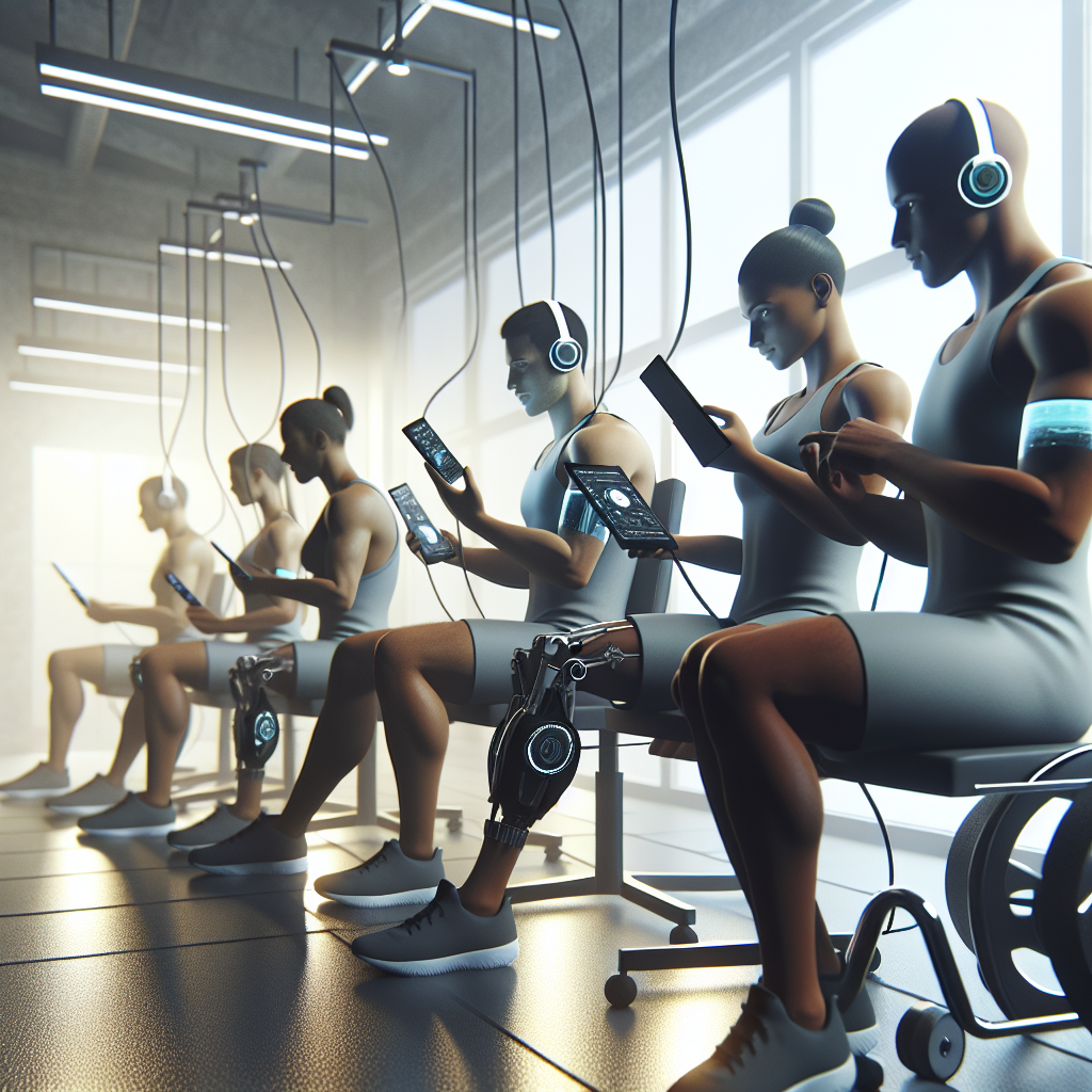 Generate a high-resolution, photorealistic image that uses natural lighting and soft shadows. The image should portray a scene where athletes who are challenged by ALS are using advanced technology aids to connect with ease and convenience. The devices can resemble state-of-the-art communication devices or wearable technology. The athletes could be situated in a space that signifies comfort and ease, like a modern, well-equipped training room or a relaxed living room setting. Ensure a diverse representation of athletes in terms of gender and descent, including but not limited to Black, Hispanic, Caucasians, South Asians, and Middle-Eastern descents.