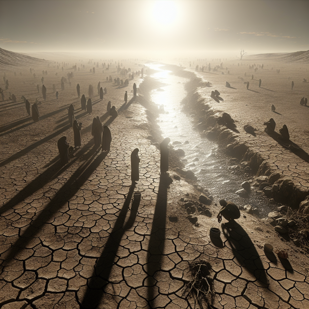 Generate a high-quality, photorealistic image depicting the dire human cost of not properly caring for water resources. The image can demonstrate this through a parched environment, a dried-up riverbed, and impoverished people desperately seeking water. The deserted environment should cast long, somber shadows under a blindingly bright sun to symbolize natural lighting and soft shadows.