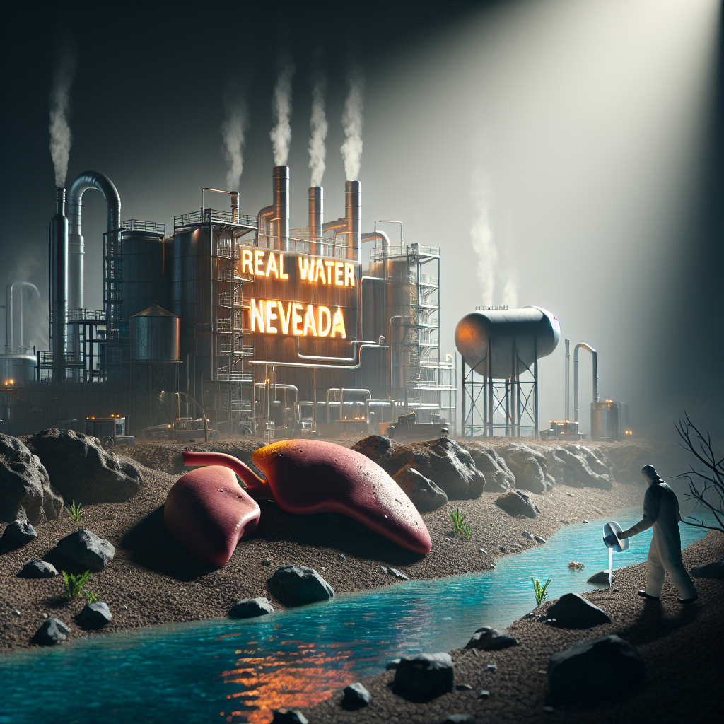 Create a revealing and dramatic portrayal of the shocking operations within a water company named 'Real Water Nevada', with evident manifestations of environmental disregard, and suggestive of potentially harmful impacts to human health, particularly the liver. The scene should be cast in natural lighting with an emphasis on soft shadows for a photorealistic finish.