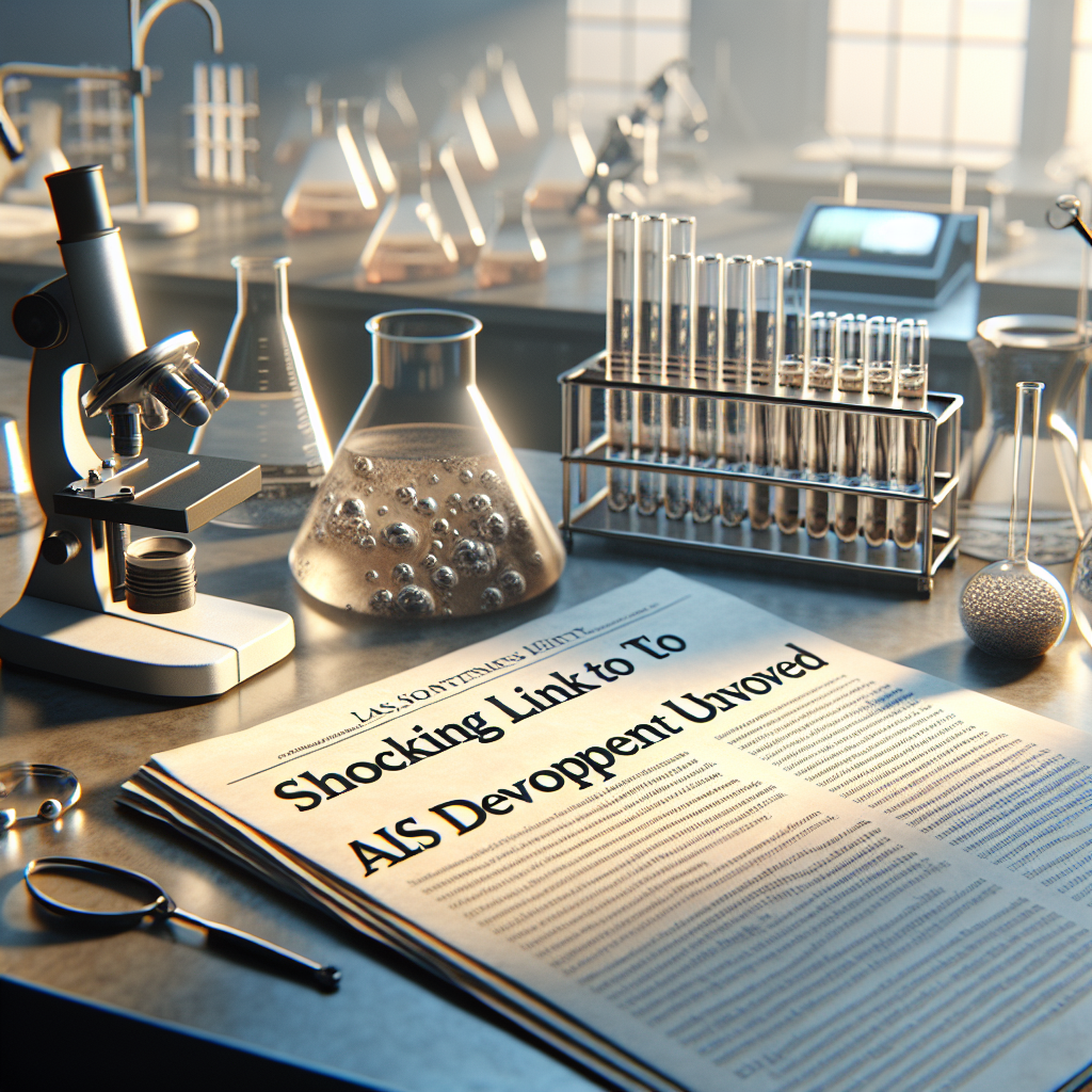 Create a highly detailed, photorealistic representation of a lab setting. Within the scene, depict a scientific report laying on a table that is emphasized with soft shadows and natural lighting. It should highlight the connection between heavy metals and water in the development of ALS. The report headline should read: 'Shocking Link to ALS Development Uncovered'. In the background, various scientific apparatus such as test tubes, microscopes, and Petri dishes should be scattered across the lab.