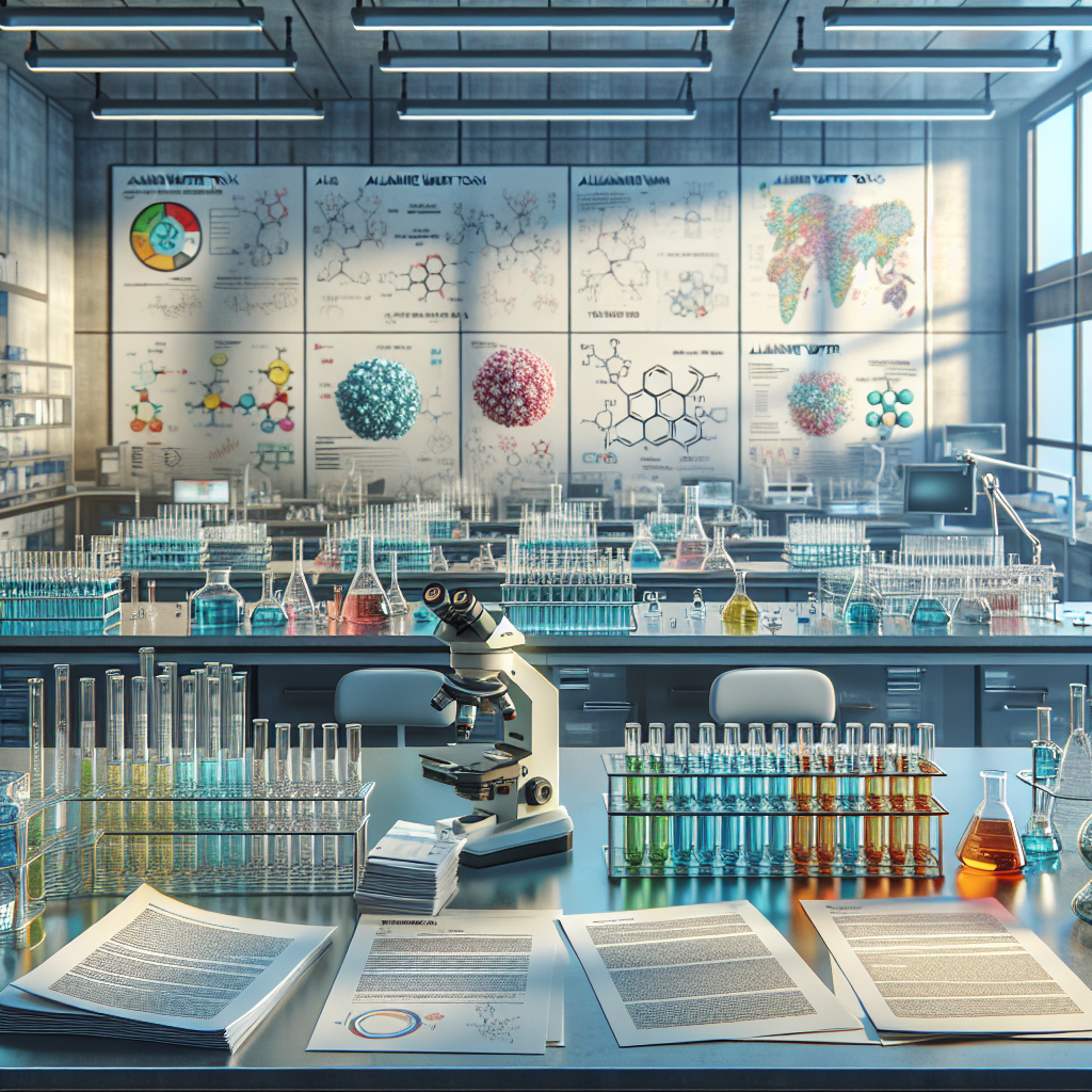 Create a photorealistic image that represents the concept of 'Alkaline Water Toxins' and their potential influence on ALS research. In this image, illustrate a sterile lab environment with ample natural lighting and soft shadows. Include stacks of research papers scattered across the lab bench, test tubes filled with different colored liquids, and a microscope. On the wall in background, place a whiteboard covered in colorful diagrams and complex formulas. Include a visual depiction of alkaline water like a water molecule with a higher pH value. All these elements should collectively signify the stunning nature of this research.