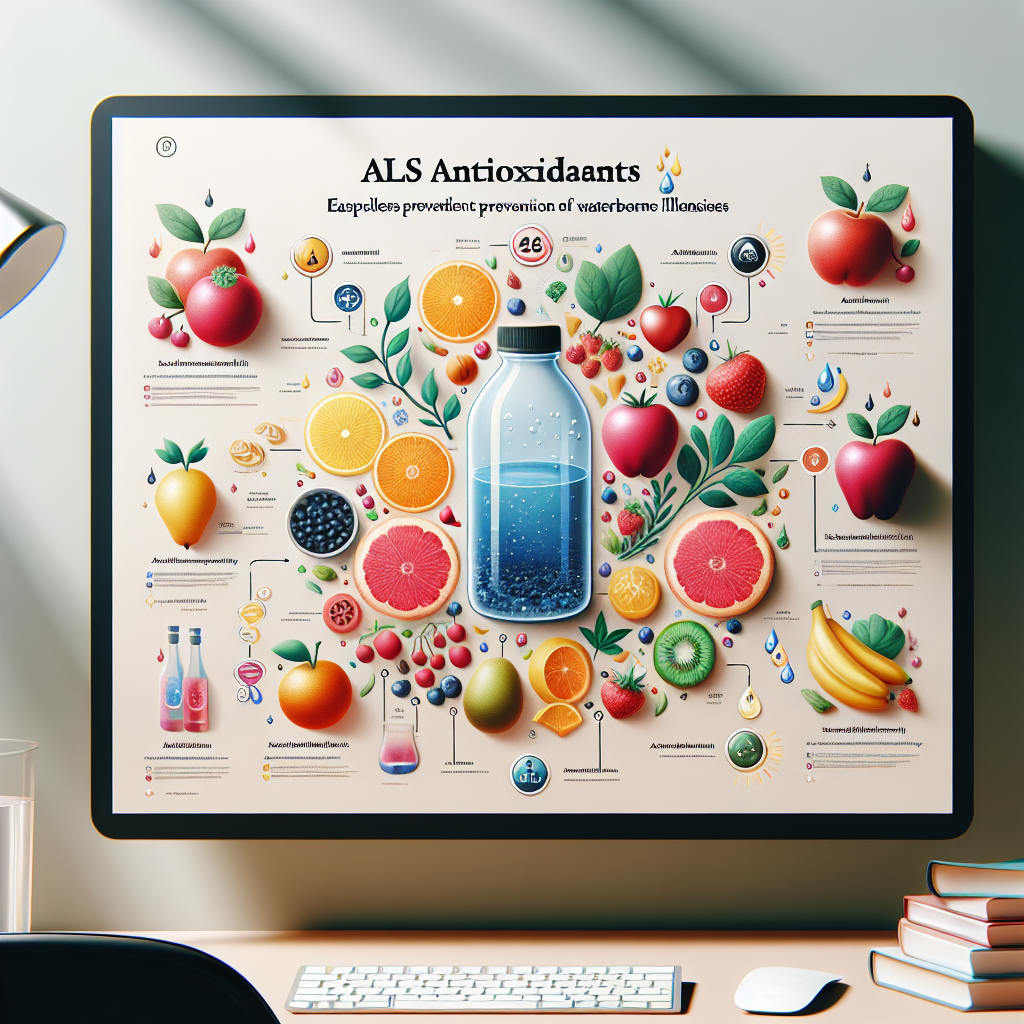 A visual guide on ALS Antioxidants with an express emphasis on effortless prevention of waterborne illnesses. This guide would be distinguished by high-quality and photorealism, featuring elements such as colorful fruits and vegetables known to contain antioxidants, clear and readable infographics detailing their benefits, and visuals of water purification methods. The image should use natural lighting and soft shadows to emphasize the details and provide a pleasant viewing experience.