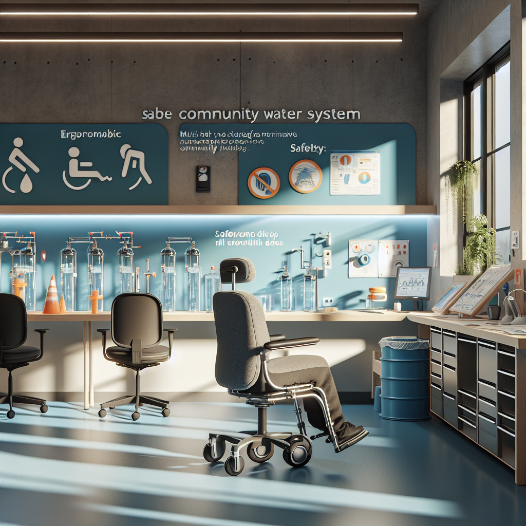 An illustrative image showing an inclusive workspace dedicated for community water system management. It has ergonomic furniture, assistive devices and tools, ensuring easy accessibility for people with Amyotrophic Lateral Sclerosis (ALS). The space is designed intuitively, promoting movement with ease for differently-abled individuals. There are safety guidelines posted on the walls, exemplifying must-have strategies to maintain a safer community water system. This is done using a photorealistic effect under natural lighting, creating soft shadows and giving a tactile sense to the room.