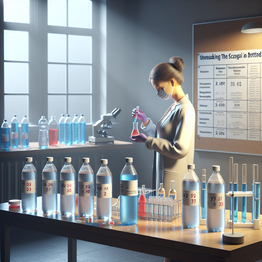 A photorealistic image demonstrating the issue of hydrazine contamination in bottled water. The scene is an investigative laboratory with test tubes and scientific apparatus. On a table, there are several bottles of water, labels facing forward, each from a different brand. A scientist, a Caucasian female, is holding a test tube containing a sample of water from one of the bottles, the liquid changing colour indicating hydrazine presence. The laboratory is illuminated by natural light falling through a window, creating soft shadows that add to the seriousness of the scene. A board on the wall has some key data points under the title 'Unmasking the Scandal in Bottled Water'.