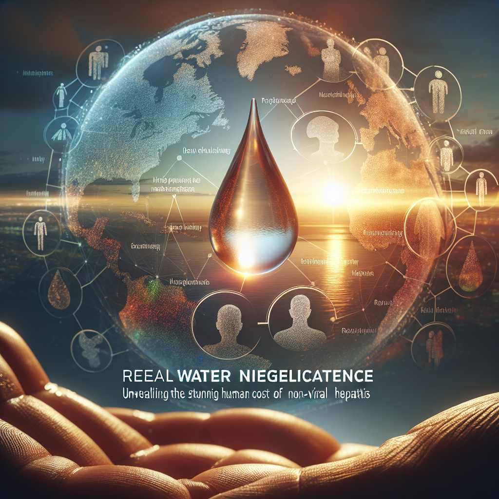Create a photorealistic image depicting the profound human impact of non-viral hepatitis. The scene includes a close-up of a hand-held drop of water reflecting light with soft shadows, positioned over a blurred globe, symbolizing the worldwide scope of the issue. In the background, a dramatic sunset signifies the urgency of immediate action. Overlaying the image are transparent silhouettes of diverse individuals of different descents and genders showing various emotions - fear, helplessness, hope, resilience, encompassing the human cost of water negligence. Please highlight the phrase 'Real Water Negligence: Unveiling the Stunning Human Cost of Non-Viral Hepatitis' prominently in the composition.