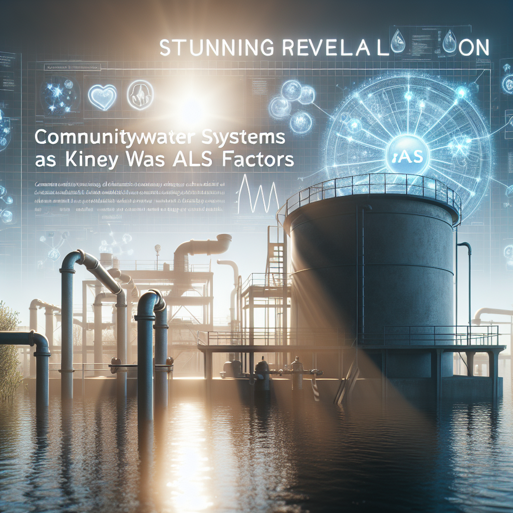 Create a photorealistic image that depicts Natural Lighting, Soft Shadows, and some text. The context of the image is based on a groundbreaking discovery linking community water systems to ALS. The text reads, 'Stunning Revelation: Community Water Systems as Key ALS Factors - An In-Depth Analysis'. Visualize a water supply system, possibly with pipes and a reservoir, and in the background, subtly hint at medical diagrams or symbols associated with ALS. Create an overall impression of a serious, in-depth analysis of an important subject.