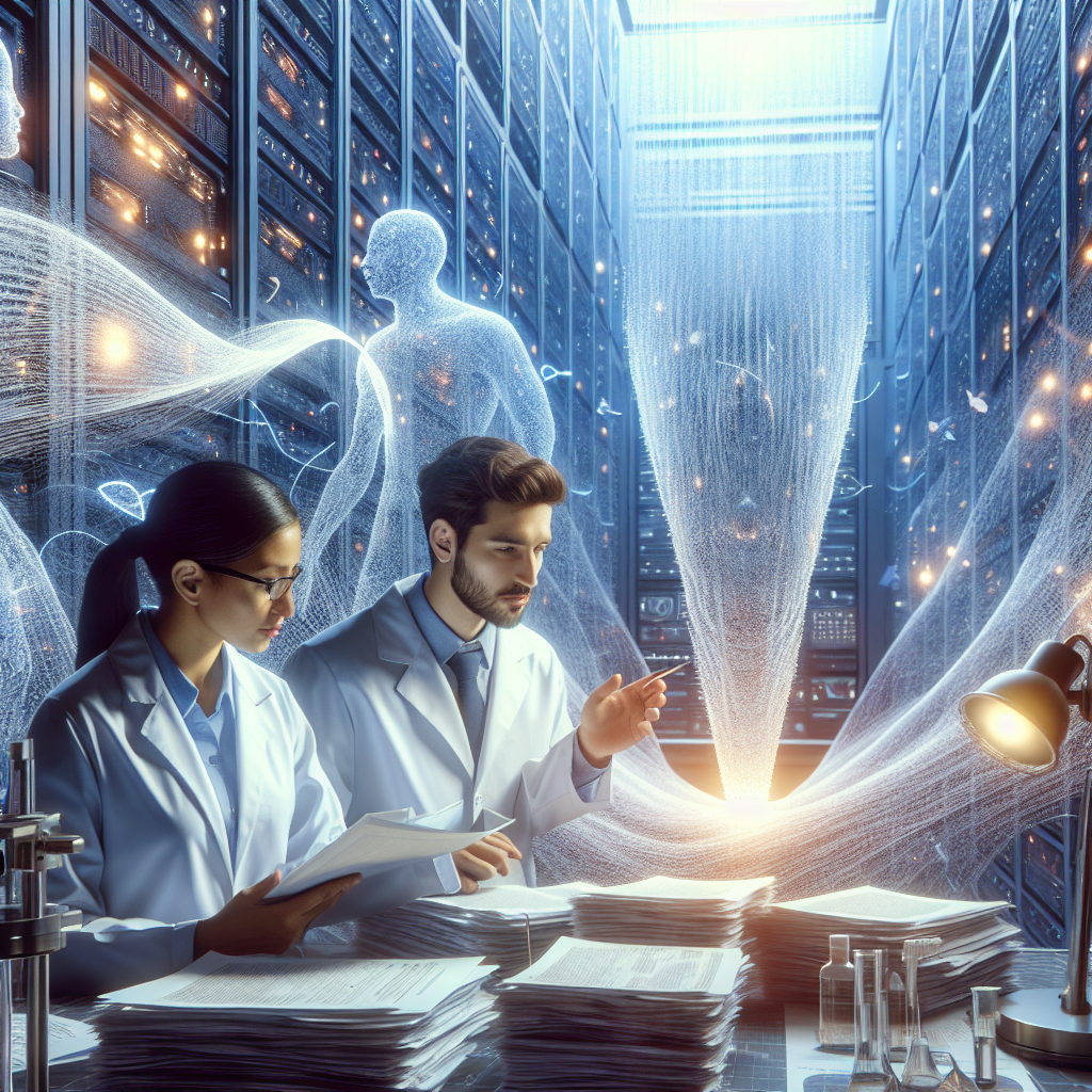 Create a photorealistic image involving a scene of a scientific research laboratory. Elements include an array of high-tech equipment, stacks of research papers starkly lit by natural lighting, creating soft shadows. In the foreground, two scientists, a Hispanic woman and a South Asian man, are discussing their findings, their faces filled with revelation and astonishment. In the background, invisible strings of data are transforming into a symbolic waterfall, symbolizing the flow of billions in research funding. Please ensure the title 'Real Water Judgments: Unveiling a Flood of Funds for ALS Research' is subtly integrated into the image.