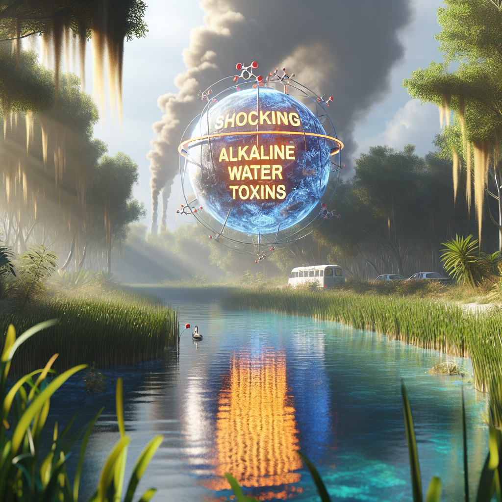 Generate a high-quality, photorealistic image depicting a series of scenarios associated with 'Alkaline Water Toxins'. The image should include wetlands recognized as hotspots for this type of toxins, showing the shocking scandals related to these toxins. Use natural lighting and soft shadows for a more realistic depiction. Include visual representations of alkaline water, possible toxins, research activities and the impacts on the wetlands environment.
