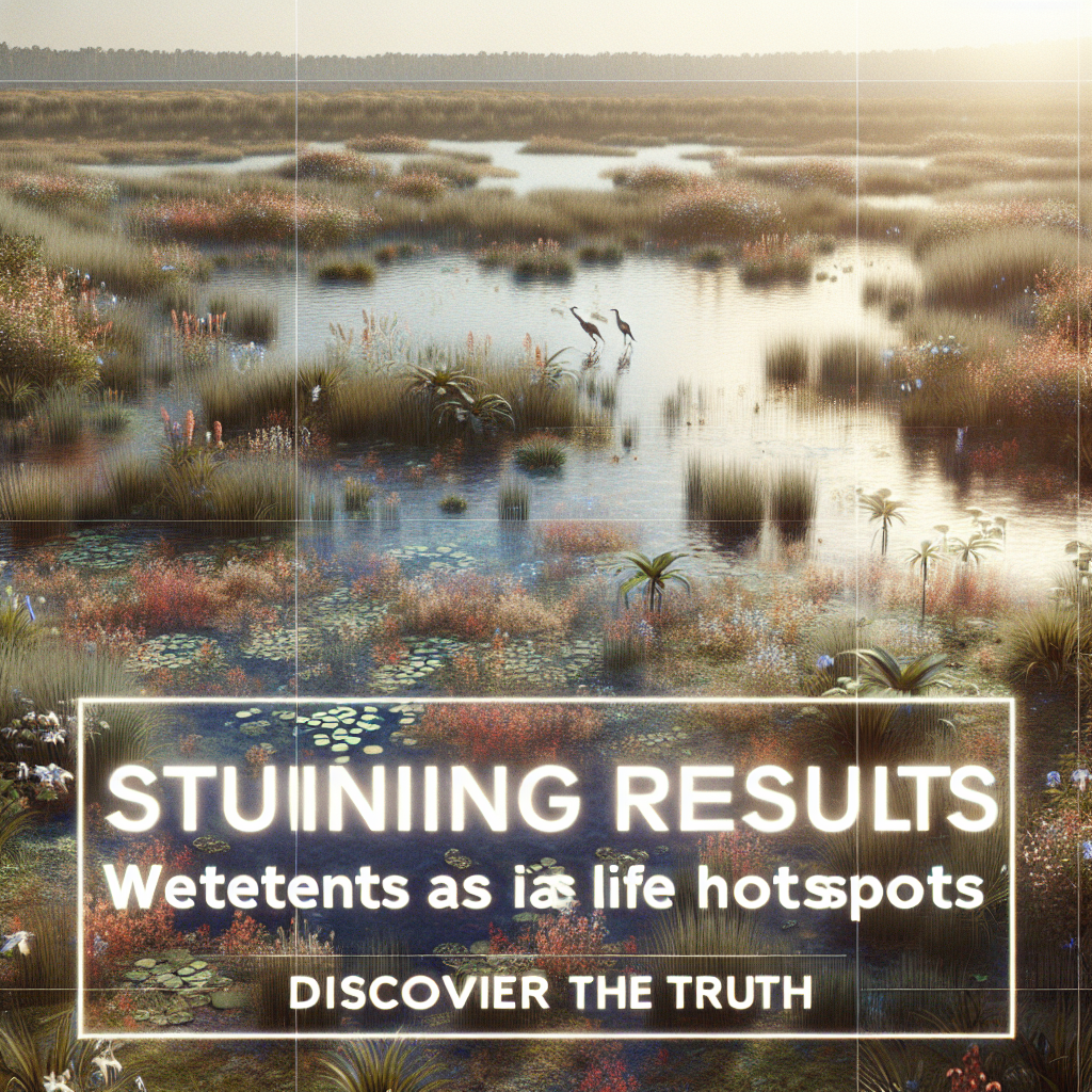 Generate a photorealistic image subject to natural lighting and soft shadows, displaying wetlands teeming with a variety of flora and fauna, signifying them as 'hotspots' for abundant life. Overlay the image with the text 'Stunning Results: Water Bodies Wetlands As Life Hotspots - Discover the Truth', giving it a documentary-style vibe.