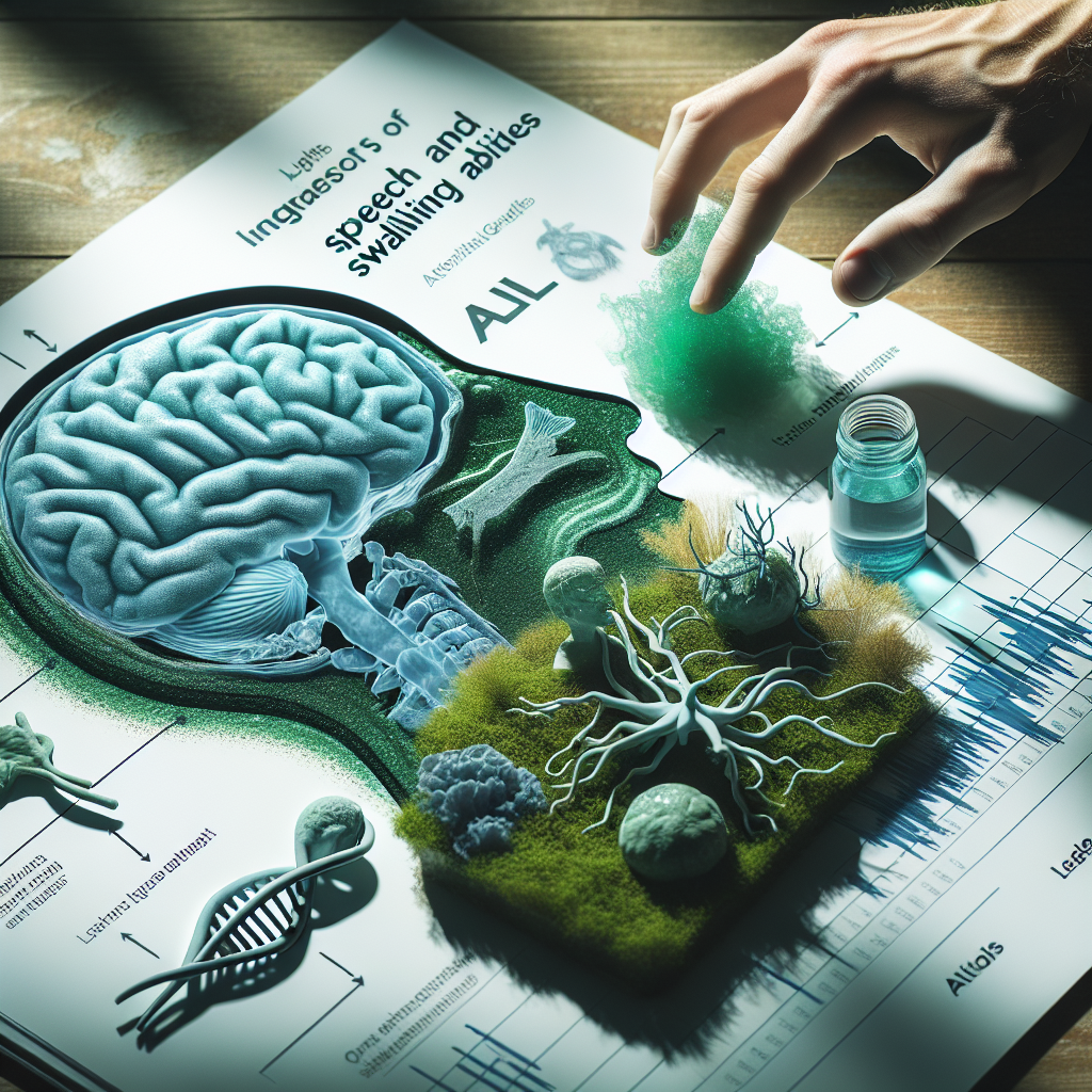 Create an image showcasing an information graphic about the impact of ALS on speech and swallowing abilities. Use natural lighting and soft shadows to emphasize the details. In the same context, illustrate the potential dangers of Blue-Green Algae. The scene should depict a clear correlation between the two subjects. Please do not make it abstract and make sure it's easy to comprehend.
