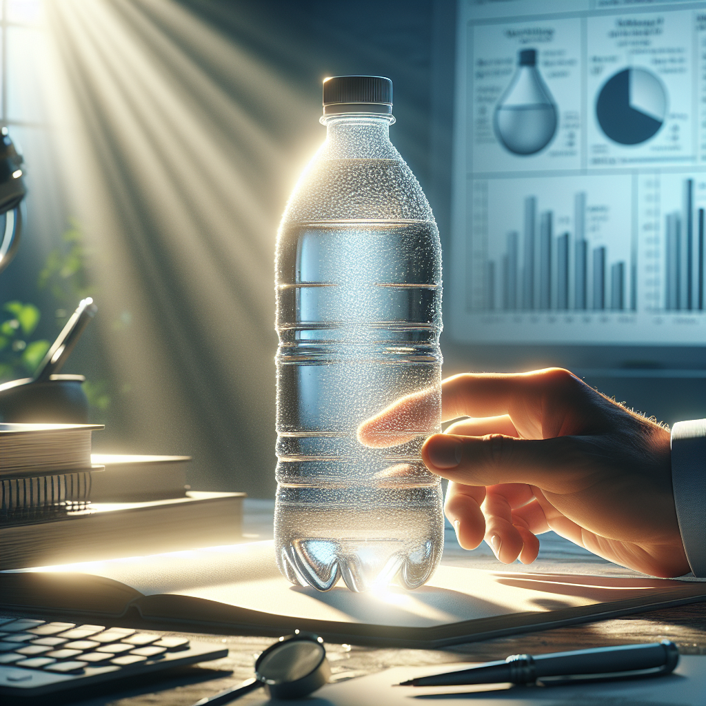 Create a high-quality, photorealistic image illustrating the concept of bottled water safety and its importance for impeccable health. The image includes a detailed scene of a health-conscious individual investigating a bottle of clear, safe drinking water under natural lighting with soft shadows. Emphasize the light penetrating the purity of the water and the healthy aspect it brings to the table. The background should be an educational environment with books and charts related to the health implications of safe drinking water.