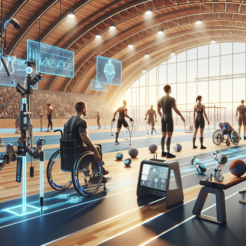 Create an image depicting a technologically advanced athletic environment where aids for ALS (Amyotrophic lateral sclerosis) have been implemented. Picture an indoor arena with high-tech devices that assist in independent mobility of athletes, enhancing their autonomy. Use natural lighting and soft shadows to render the scene realistic. Include wheelchair-accessible training equipment, supportive robotics, and adaptive digital interfaces. In the backdrop, showcase athletes of varying descents and genders training with the aid of these devices, demonstrating effective independence despite the ALS condition.