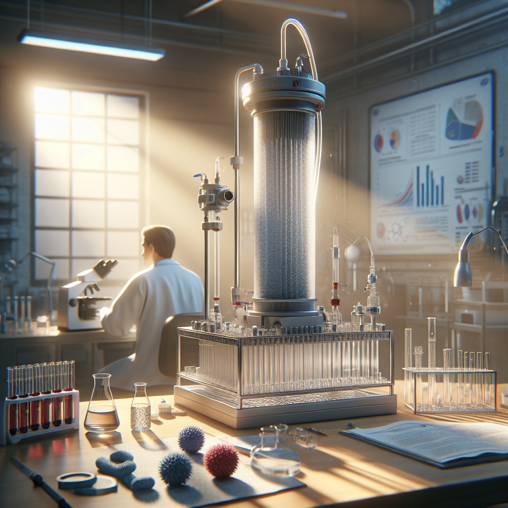 Create a photorealistic image showcasing the unbelievable power of affordable filtration systems, which represent a breakthrough in ALS research. The scene should have natural lighting and soft shadows. Include detailed imagery of filtration systems, lab equipment, and perhaps some scientific data or charts in the background to illustrate the progress of the research.