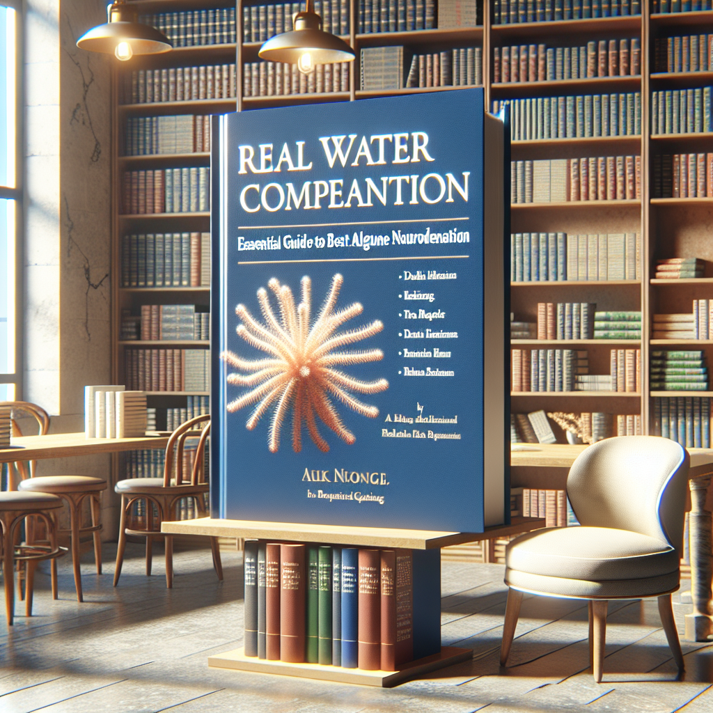Create an image of a high-quality, realistic bookstore setting. Include a prominently displayed book titled 'Real Water Victim Compensation: Essential Guide to Beat Algae-Related Neurodegeneration.' The atmosphere should capture natural lighting and maintain soft shadows throughout the scene. Perhaps a comfortable reading area can be added as well, with book-filled shelves in the background.