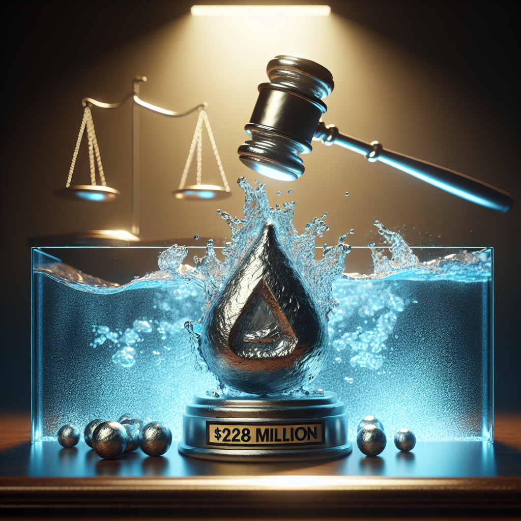 A dramatic scene depicting conceptually the fight against the Heavy Metals in Water scandal. A symbolic judge's gavel strikes a water droplet that's formed of heavy metals, representing a $228 Million legal victory. The background showcases splashing water, free from heavy metals, aglow with the healthy blueness and freshness. A subtly placed symbol of ALS Development indicates their triumph in this struggle. The image has natural lighting with soft shadows, rendering a realistic and sober depiction of victory.