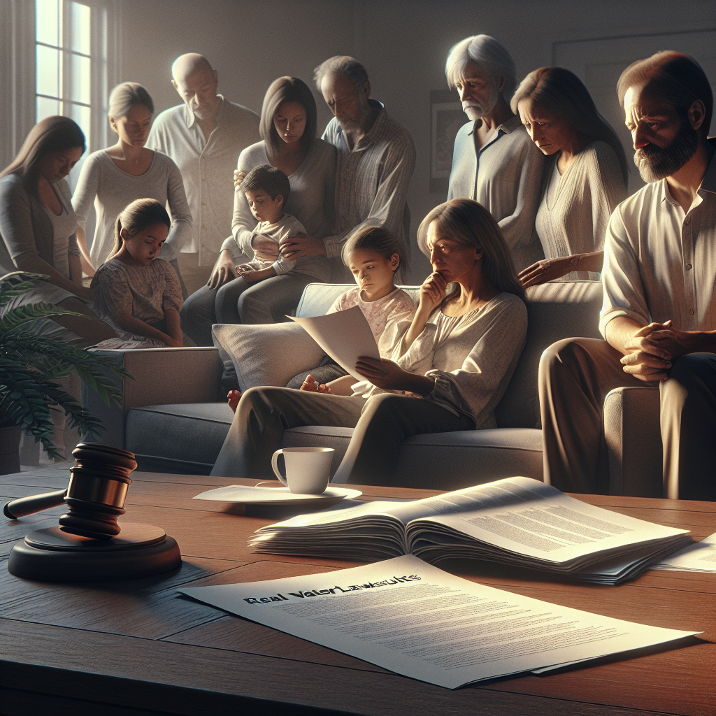 Visualize a photorealistic scene that portrays the emotional impact on ALS diagnosed families. The scene takes place in a family home interior with natural lighting and soft shadows, emphasizing the somber atmosphere. On the coffee table lies open documents which represent 'Real Water Lawsuits Updates'. One family member is attentively reading the documents, their emotions reflected in their face and body language. Different family members, showing diversity in descent and gender, are around, their faces showing a mix of hope, concern, and resilience as they support each other during this difficult time.