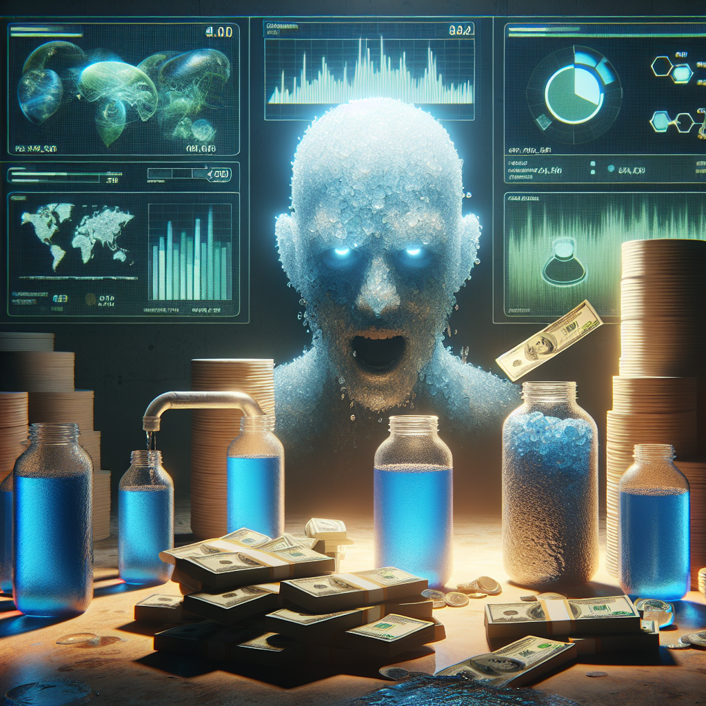 Generate a conceptual, photorealistic image that portrays a vivid representation of the alarming revelation of hydrazine danger to water resources. Display billions worth of currency notes in the foreground to signify the staggering stakes involved. Implement the use of natural lighting and soft shadows throughout the scene to enhance the aesthetic realism. Include various visual elements related to water and hydrazine chemicals to articulate the context effectively.