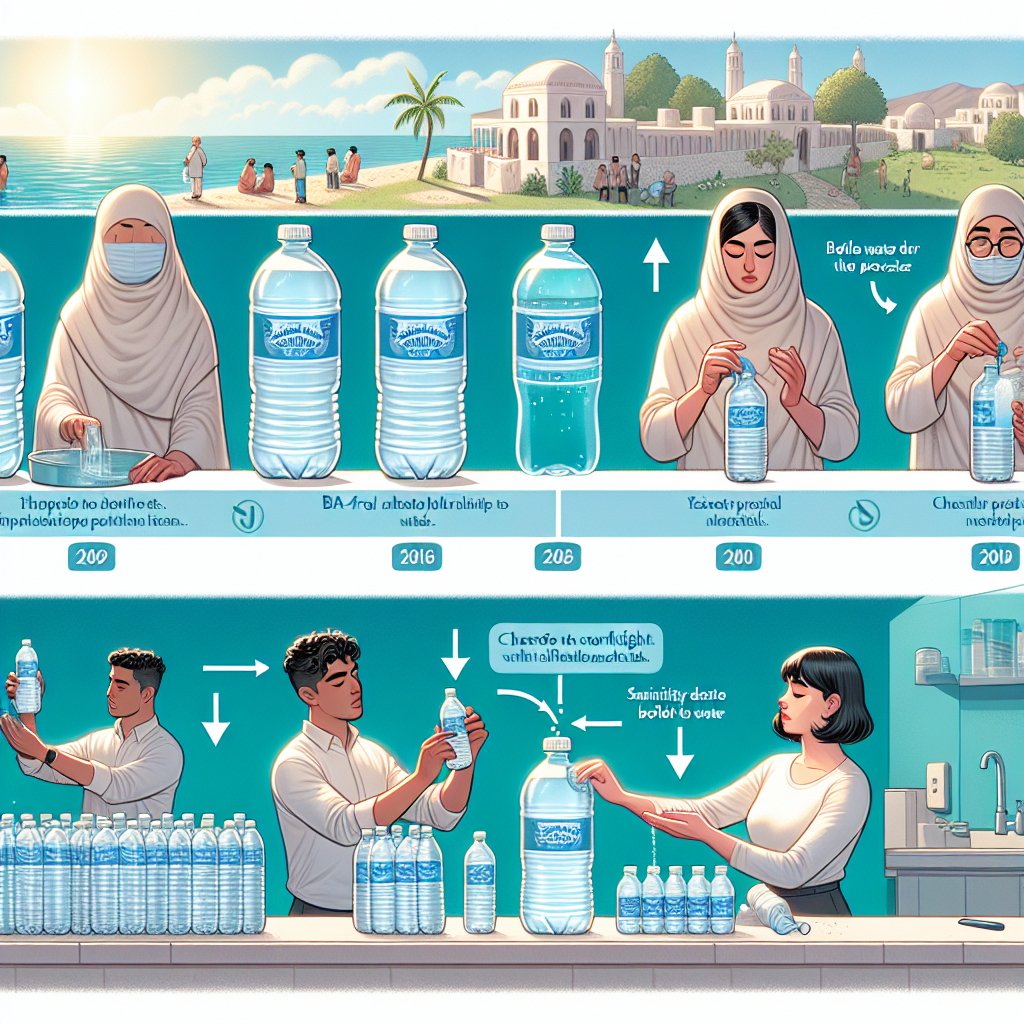 Create a detailed and realistic image narrating a timeline of events about bottled water safety tips. Start from the left with the process of bottle selection emphasizing the importance of BPA-free materials. In the next segment, illustrate the proper ways of storing bottled water, away from sunlight and heat. The next step should show a person of Middle-Eastern descent checking the expiration date of bottled water. In the concluding step, illustrate a Hispanic woman sanitizing the exterior of the bottle, emphasizing that cleanliness is essential before drinking. Use natural lighting and soft shadows throughout the image.