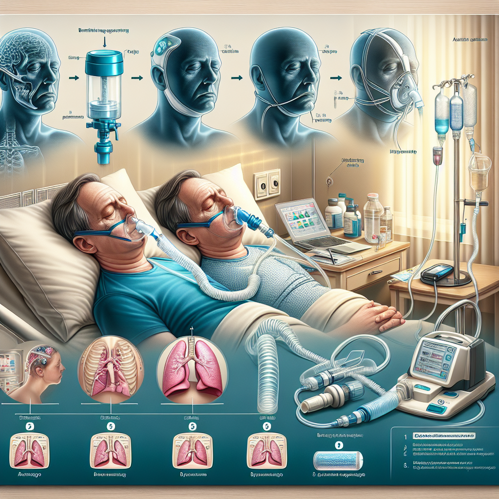 Create a detailed and photorealistic illustration expressing the stages of ALS (Amyotrophic Lateral Sclerosis) progression, focusing on the range of breathing support options available at each stage. Use natural lighting and soft shadows to give depth to the image, including elements like medical equipment, diagrams, and patient scenarios, without featuring any specific individual. Also, incorporate captions or labels offering useful information about each depicted stage and support tool. Note: the intention is for an educative and compassionate representation, not to evoke distress.