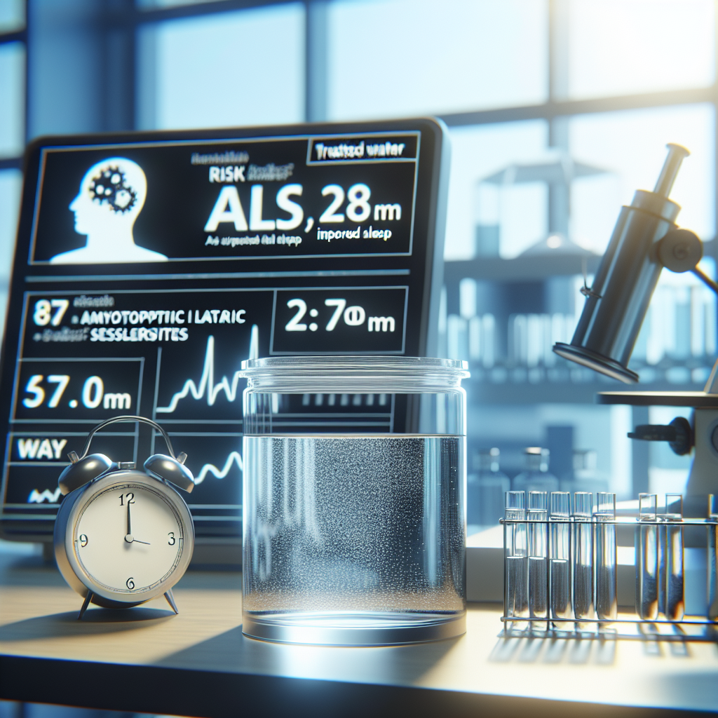 Create a photorealistic image that visualizes the concept of raw, treated water in relation to risk of ALS (Amyotrophic Lateral Sclerosis) and improved sleep. Use natural lighting and soft shadows to emphasize depth and realism. Picture a glass container filled with the clear, treated water, situated on a laboratory desk next to a digital clock showing sleep hours and a diagram illustrating the ALS risk. The scene should suggest scientific research and revelations.
