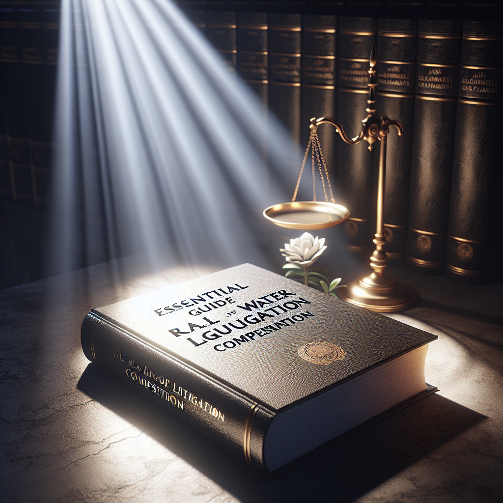 Create a detailed, high-quality, photorealistic image that brings to life the concept of 'ALS End-of-Life Planning'. The image should involve an open book titled ‘Essential Guide to Real Water Litigation Compensation' bathed in a beam of natural light that softly illuminates the pages. The surrounding area is cast in soft shadows, creating a serene and contemplative atmosphere. The scene should convey the serious nature of the topic, as well as the determination and resilience of those navigating their journey.