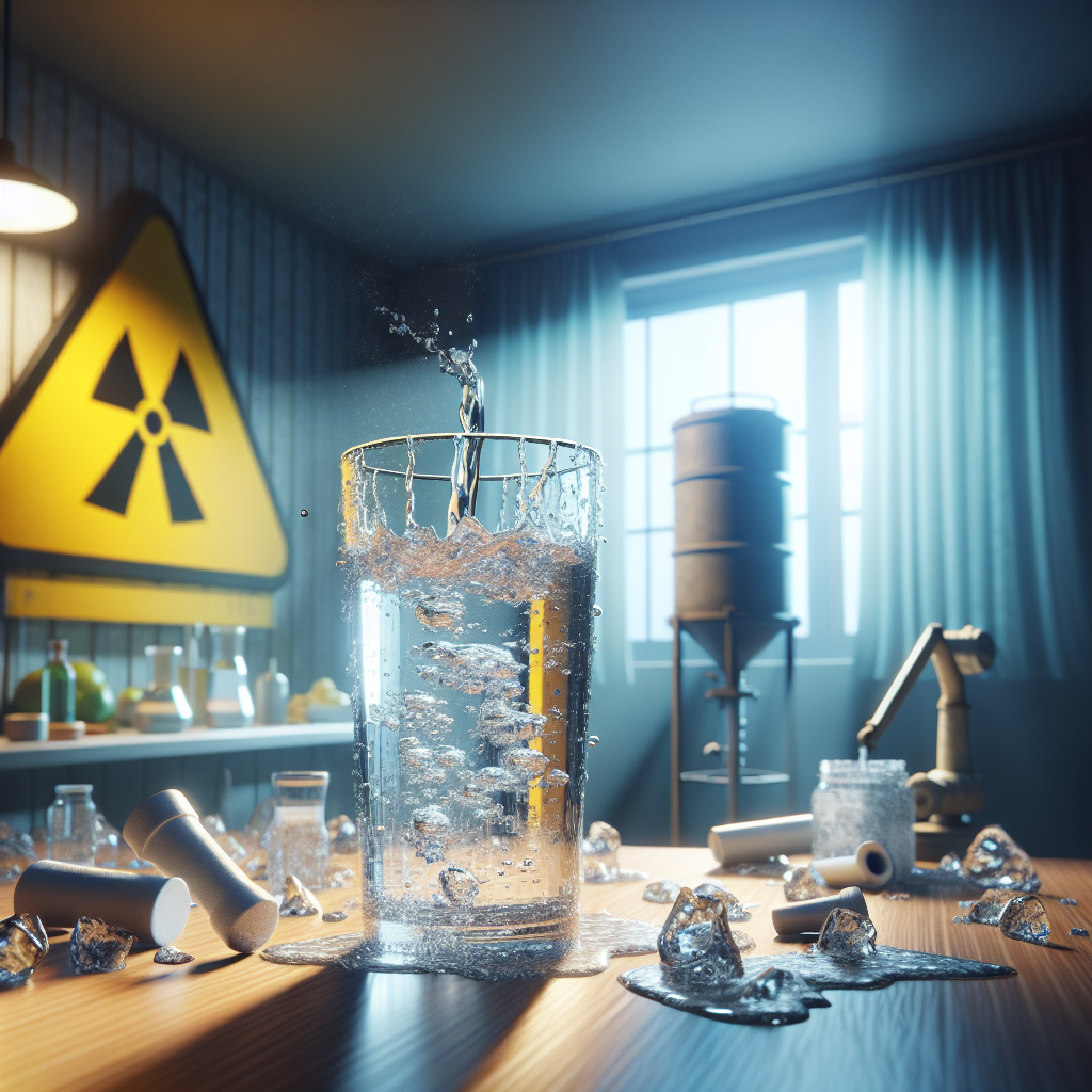 Generate a high-quality, photorealistic image that depicts a scene associated with water contamination. It shows the impact on everyday life. The main focus should be a glass of alkaline water with hazardous effects. Use natural lighting and soft shadows to highlight the scene, reinforcing its seriousness. Place emphasis on the shocking nature of the picture, just like the stories of real water's alkaline tragedy.