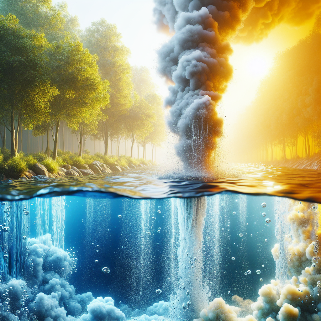 Create a high-quality, photorealistic image that captures the concept of sulfur dioxide (SO2) pollutants in the water, shedding light on the potential dangers associated with ALS research. The image should depict a strong contrast between vibrant healthy water and polluted water filled with SO2. Use natural lighting and soft shadows to illustrate the stark difference and evoke a sense of urgency about the issue.